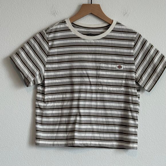 Dickies Striped Pocket Tee Skater Girl Brown White Relaxed Fit Boxy Top Gorpcore - Picture 2 of 6